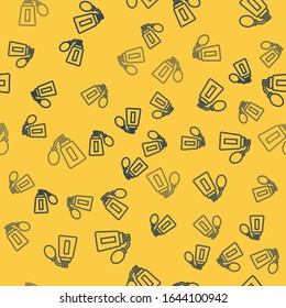 Blue line Aftershave bottle with atomizer icon isolated seamless pattern on yellow background. Cologne spray icon. Male perfume bottle.  Vector Illustration