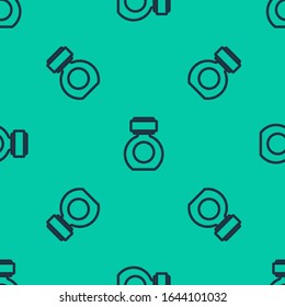 Blue line Aftershave icon isolated seamless pattern on green background. Cologne spray icon. Male perfume bottle.  Vector Illustration