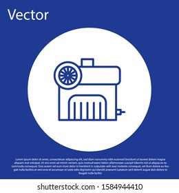 Blue line Air compressor icon isolated on blue background. White circle button. Vector Illustration