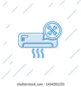 Blue line Air conditioner with screwdriver and wrench icon isolated on white background. Adjusting, service, setting, maintenance, repair, fixing.  Vector Illustration