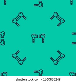 Blue line Air headphones icon icon isolated seamless pattern on green background. Holder wireless in case earphones garniture electronic gadget.  Vector Illustration