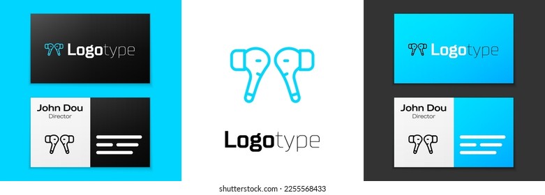 Blue line Air headphones icon icon isolated on white background. Holder wireless in case earphones garniture electronic gadget. Logo design template element. Vector