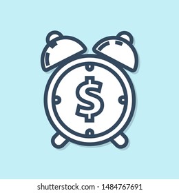 Blue line Alarm clock with dollar symbol icon isolated on blue background. Time is money. Effective time management. Business concept.  Vector Illustration