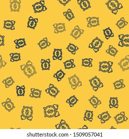 Blue line Alarm clock with dollar symbol icon isolated seamless pattern on yellow background. Time is money. Effective time management. Business concept.  Vector Illustration