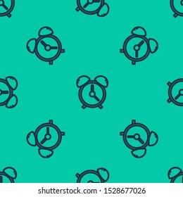 Blue line Alarm clock icon isolated seamless pattern on green background. Wake up, get up concept. Time sign.  Vector Illustration