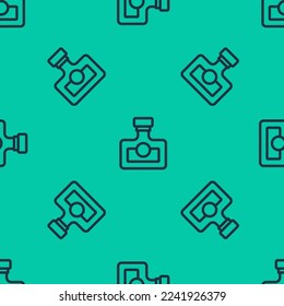 Blue line Alcohol drink Rum bottle icon isolated seamless pattern on green background.  Vector