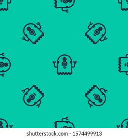 Blue line Alien icon isolated seamless pattern on green background. Extraterrestrial alien face or head symbol.  Vector Illustration
