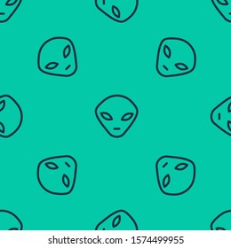 Blue line Alien icon isolated seamless pattern on green background. Extraterrestrial alien face or head symbol.  Vector Illustration