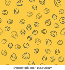 Blue line Alien icon isolated seamless pattern on yellow background. Extraterrestrial alien face or head symbol.  Vector Illustration