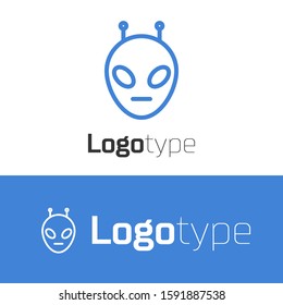 Blue line Alien icon isolated on white background. Extraterrestrial alien face or head symbol. Logo design template element. Vector Illustration