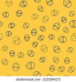 Blue line Alien icon isolated seamless pattern on yellow background. Extraterrestrial alien face or head symbol.  Vector Illustration
