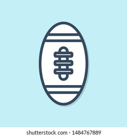 Blue line American Football ball icon isolated on blue background. Rugby ball icon. Team sport game symbol.  Vector Illustration