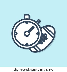 Blue line American Football ball and stopwatch icon isolated on blue background. Set of sport equipment.  Vector Illustration
