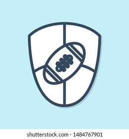 Blue line American Football ball and shield icon isolated on blue background. Rugby ball icon. Team sport game symbol.  Vector Illustration