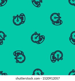Blue line American Football ball and stopwatch icon isolated seamless pattern on green background. Set of sport equipment.  Vector Illustration