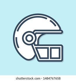 Blue line American football helmet icon isolated on blue background.  Vector Illustration