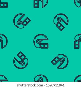 Blue line American football helmet icon isolated seamless pattern on green background.  Vector Illustration