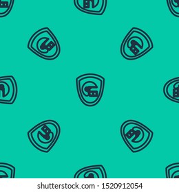 Blue line American football helmet and shield icon isolated seamless pattern on green background.  Vector Illustration