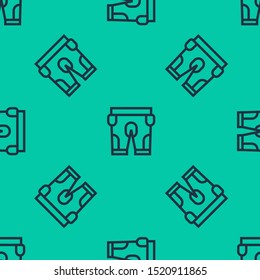 Blue line American football shorts icon isolated seamless pattern on green background. Football uniform sign.  Vector Illustration