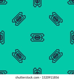 Blue line American Football ticket icon isolated seamless pattern on green background.  Vector Illustration