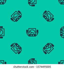 Blue line Ampere meter, multimeter, voltmeter icon isolated seamless pattern on green background. Instruments for measurement of electric current.  Vector Illustration