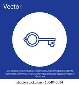 Blue line Ancient key for game icon isolated on blue background. White circle button. Vector Illustration