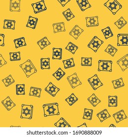Línea azul Antiguo libro de magia con recetas de alquimia y hechizos místicos y encantamientos icono aislado sin fisuras en el fondo amarillo. Ilustración vectorial