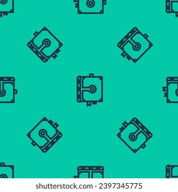 Línea azul Antiguo libro de magia con recetas de alquimia y hechizos místicos y icono de encantos aislados patrón sin fisuras sobre fondo verde.  Ilustración vectorial