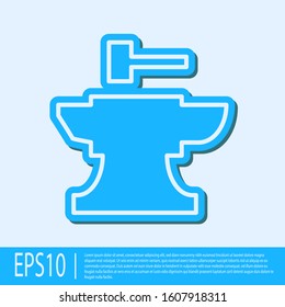 Blue line Anvil for blacksmithing and hammer icon isolated on grey background. Metal forging. Forge tool.  Vector Illustration