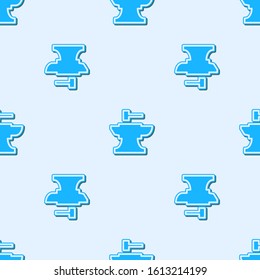 Blue line Anvil for blacksmithing and hammer icon isolated seamless pattern on grey background. Metal forging. Forge tool.  Vector Illustration