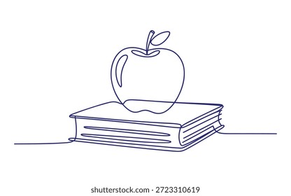 A blue line of an apple on of an open book with a stem and leaf line blue
