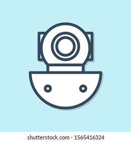 Blue line Aqualung icon isolated on blue background. Diving helmet. Diving underwater equipment.  Vector Illustration