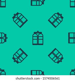 Blue line Aqualung icon isolated seamless pattern on green background. Oxygen tank for diver. Diving equipment. Extreme sport. Diving underwater equipment.  Vector Illustration