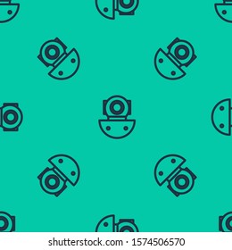Blue line Aqualung icon isolated seamless pattern on green background. Diving helmet. Diving underwater equipment.  Vector Illustration