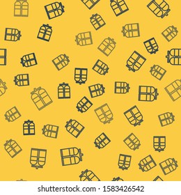 Blue line Aqualung icon isolated seamless pattern on yellow background. Oxygen tank for diver. Diving equipment. Extreme sport. Diving underwater equipment.  Vector Illustration