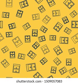 Blue line Archive papers drawer icon isolated seamless pattern on yellow background. Drawer with documents. File cabinet drawer. Office furniture.  Vector Illustration