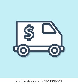 Blue line Armored truck icon isolated on blue background.  Vector Illustration