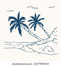 Blue Line Art Beach Palm Trees