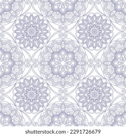 Blue, line art, boho style ornamental pattern, mandala patterns on white background. Seamless floral pattern-243.