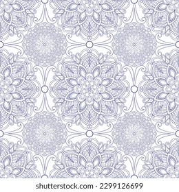 Blue, line art, boho style ornamental pattern, mandala patterns on white background. Seamless floral pattern-253.