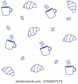 Blue Line Art Breakfast Pattern: Coffee Cups, Croissants, and Coffee Beans