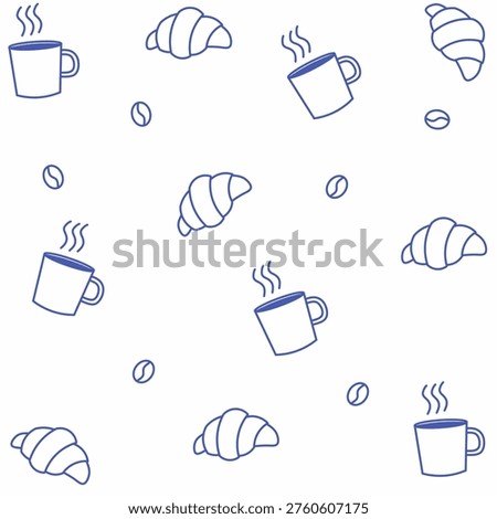Blue Line Art Breakfast Pattern: Coffee Cups, Croissants, and Coffee Beans