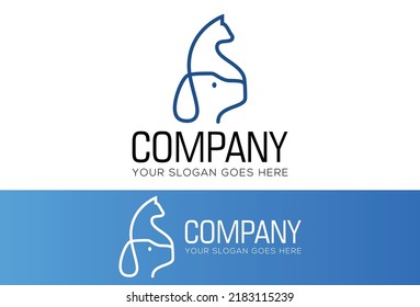 Blue Line Art cat dog logo design concept