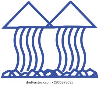 Blue line art design of two triangular mountain peaks with stylized waterfalls waterfall stream mountain peak outline art geometric design rocky terrain water flow nature graphic river current
