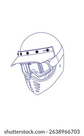 Blue line art drawing scooter full face helmet with sunvisor. Mockup.Helmet Blue print