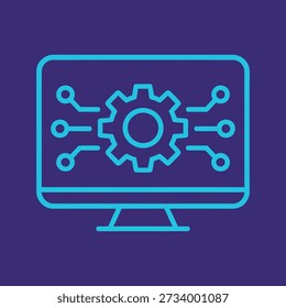 A blue line art icon on a purple background depicts a computer screen with a gear and circuit board elements, symbolizing technology and engineering.