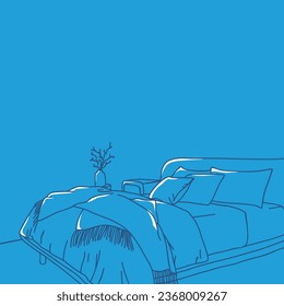 Blue line art illustration of a bed with two pillows