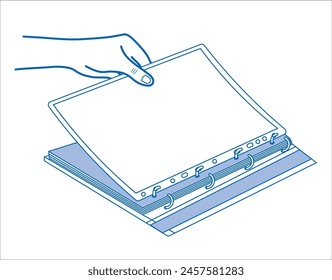 Blue line art illustration of a hand flipping a page in a ring-bound notebook, depicting an action common in study and office environments