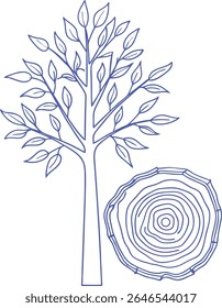 Ilustração de arte de linha azul de uma árvore com folhas ao lado de um tronco de árvore de seção transversal mostrando anéis de crescimento. Ideal para silvicultura, ciência da madeira, educação sobre a natureza, sustentabilidade e projetos com temas ecológicos.