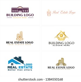 Blue line art illustration vector people combined home and building logo design suitable for real estate agency company